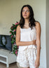 Women Summer Pajama Set Beige Top + Bold Floral Outline Shorts